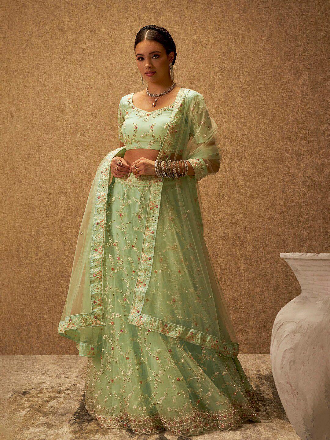 soch embroidered beads and stones net unstitched lehenga & blouse with dupatta