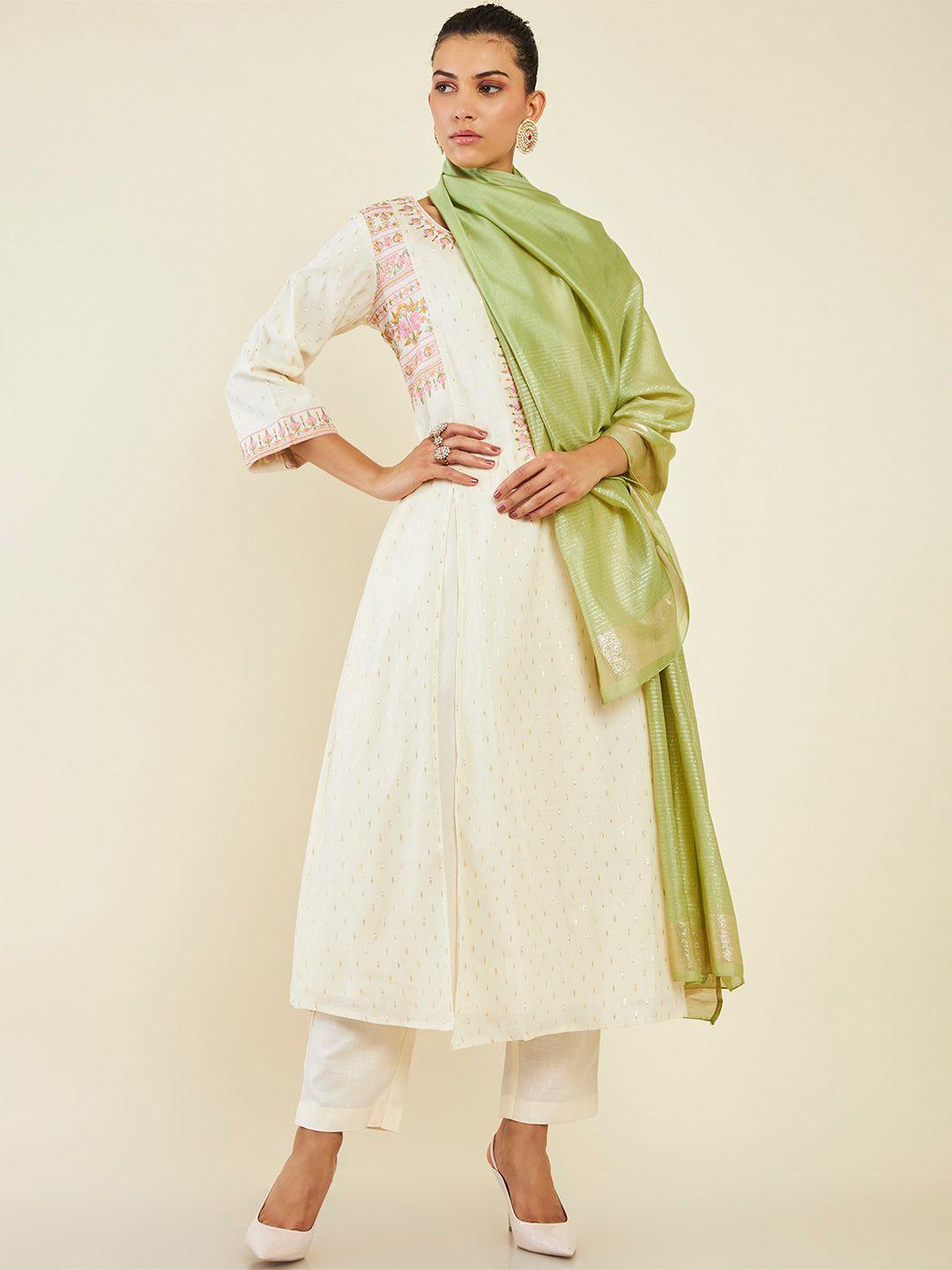 soch embroidered notch neck pure cotton layered a-line kurta with trousers & dupatta