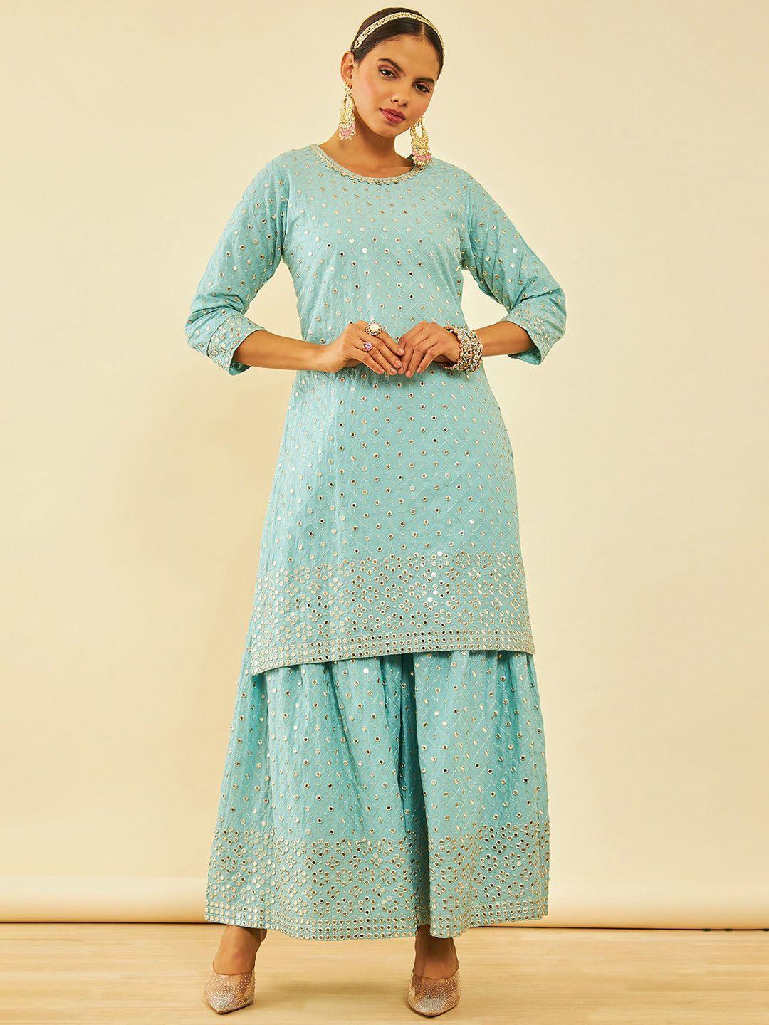 soch embroidered regular mirror work pure cotton kurta with sharara & with dupatta