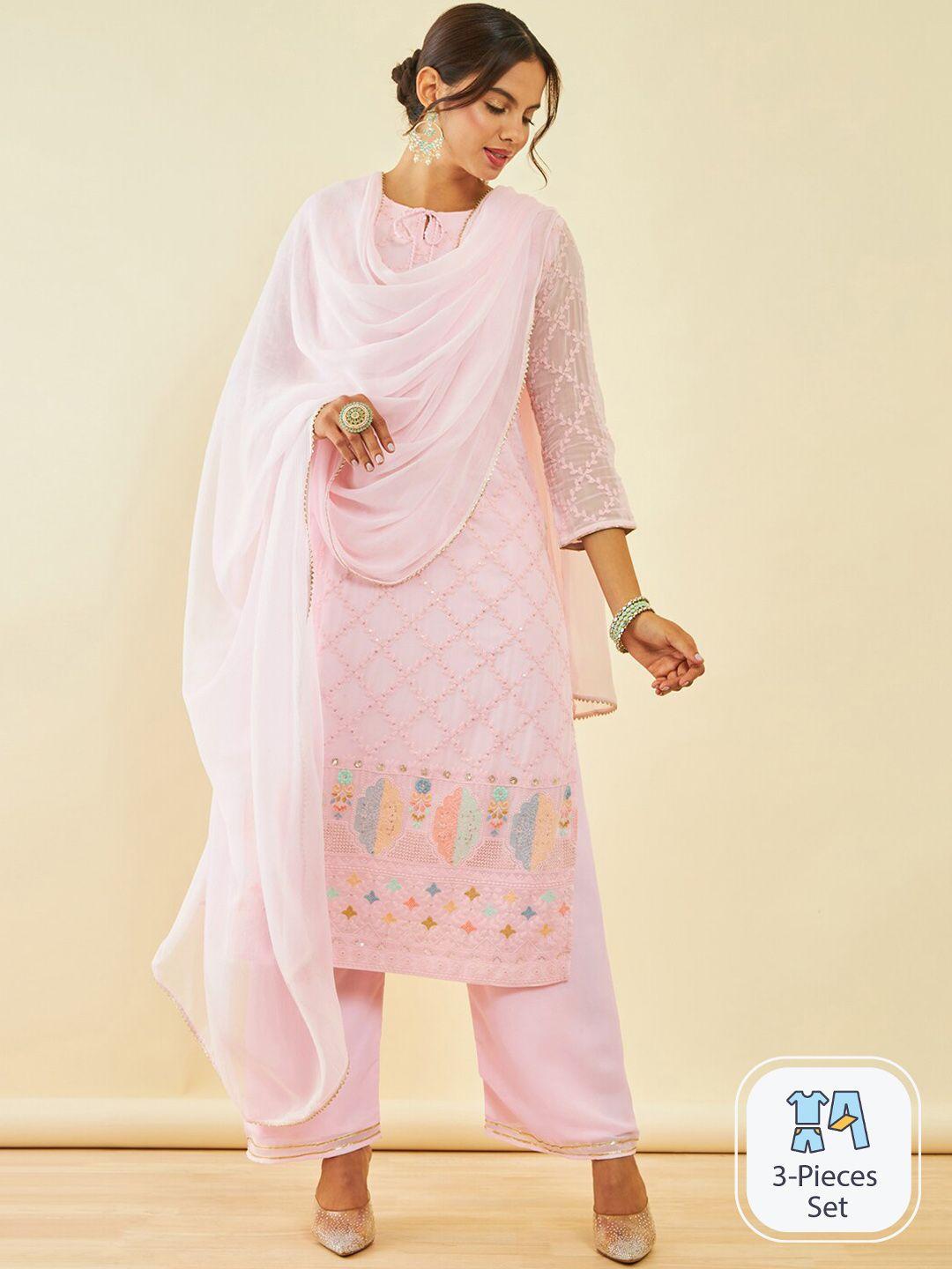 soch embroidered regular sequinned kurta with trousers & dupatta