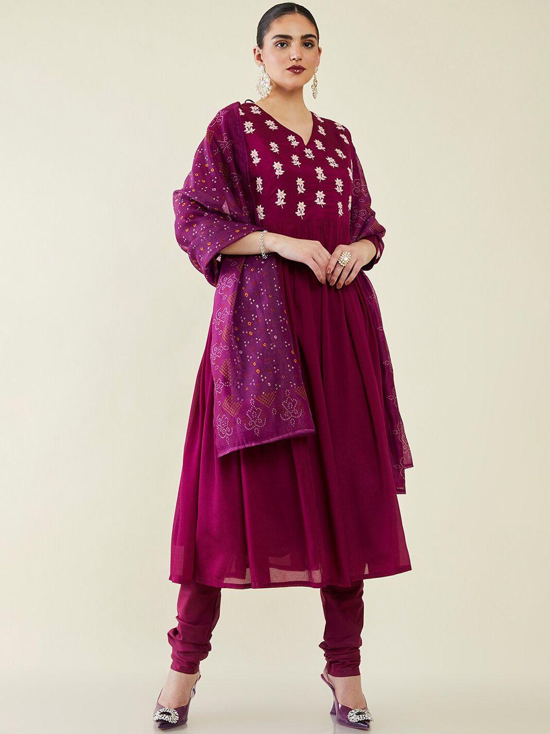 soch embroidered thread work kurta with churidar & dupatta