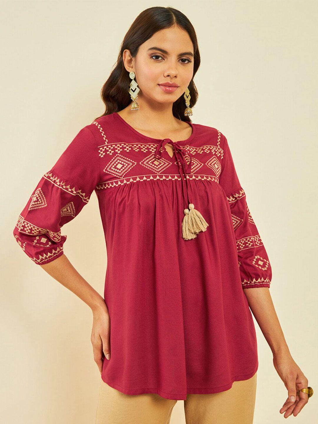 soch embroidered tie-up neck puff sleeve pleated tunic