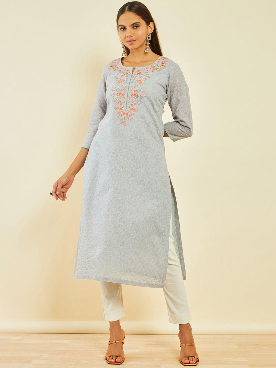 soch ethnic motif embroidered thread work straight kurta