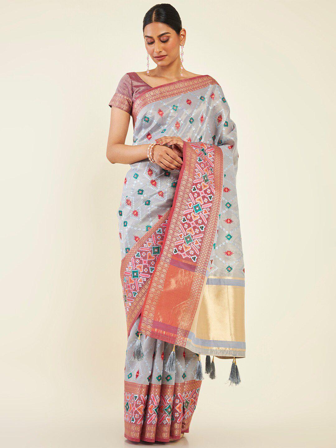 soch ethnic motif zari tissue saree with tassel