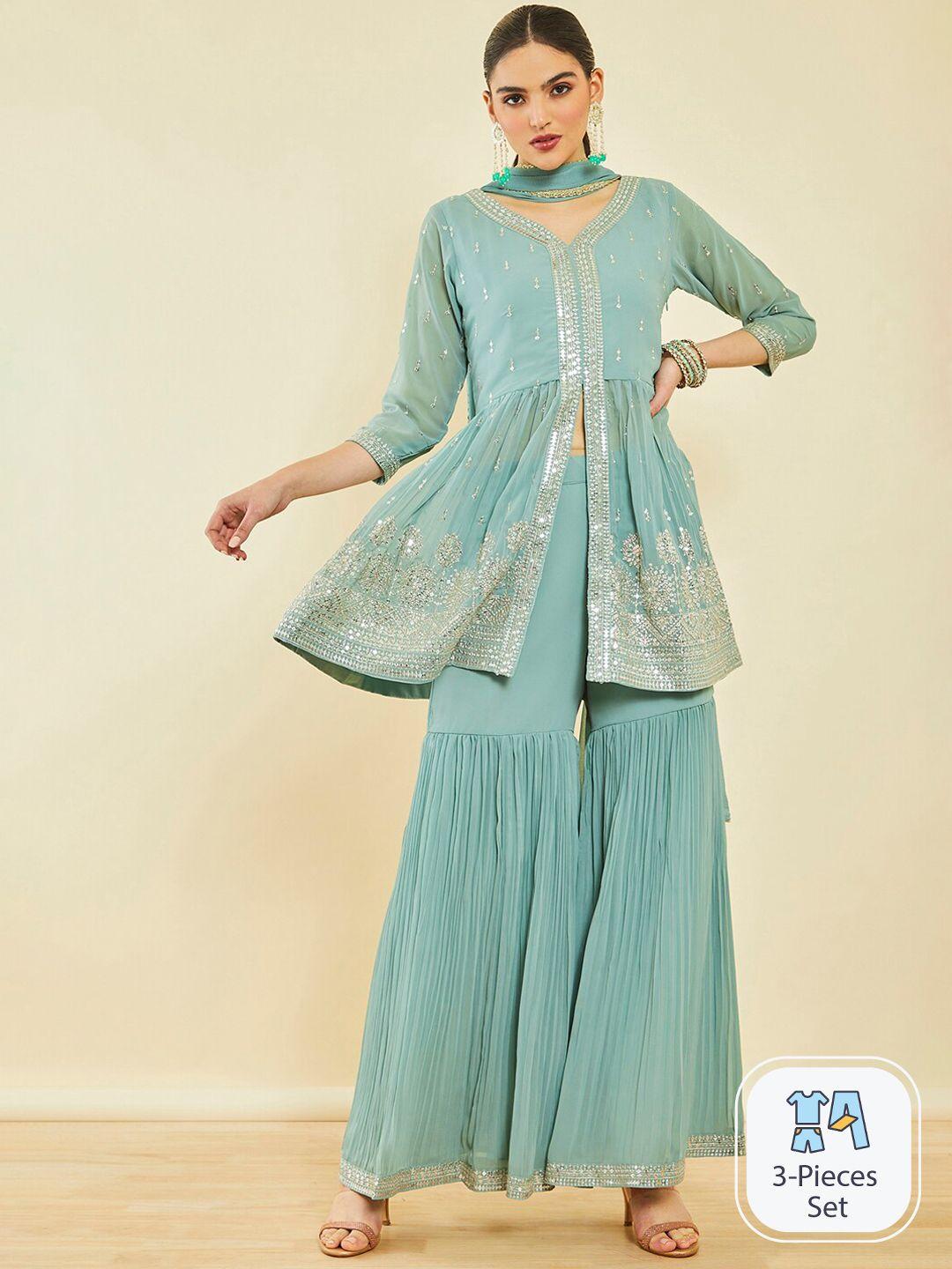 soch ethnic motifs embroidered a-line pleated sequinned kurta with sharara & dupatta