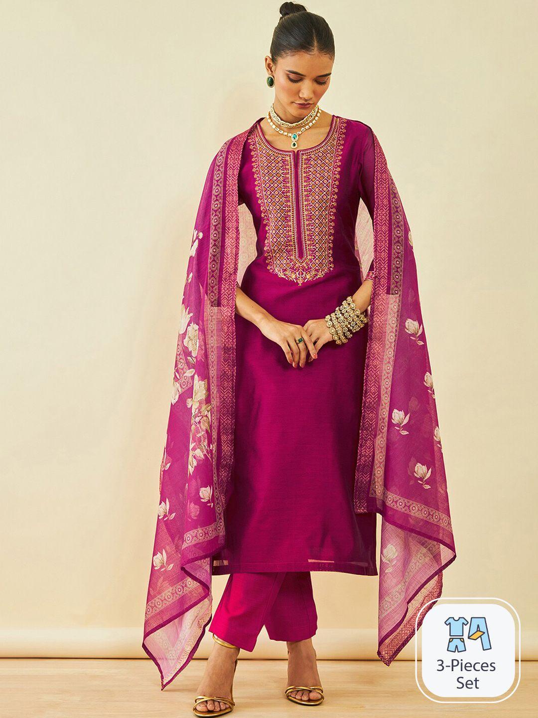 soch ethnic motifs embroidered chanderi silk kurta with trousers & with