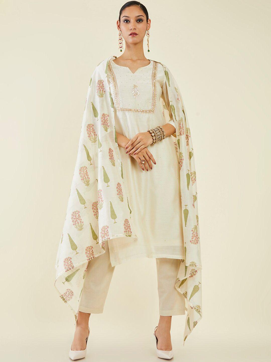 soch ethnic motifs embroidered gotta patti chanderi cotton kurta set