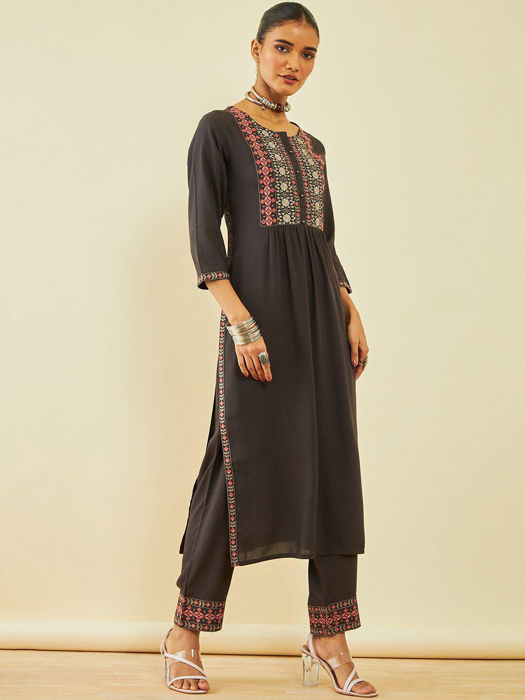 soch ethnic motifs embroidered high slit thread work kurta with trousers