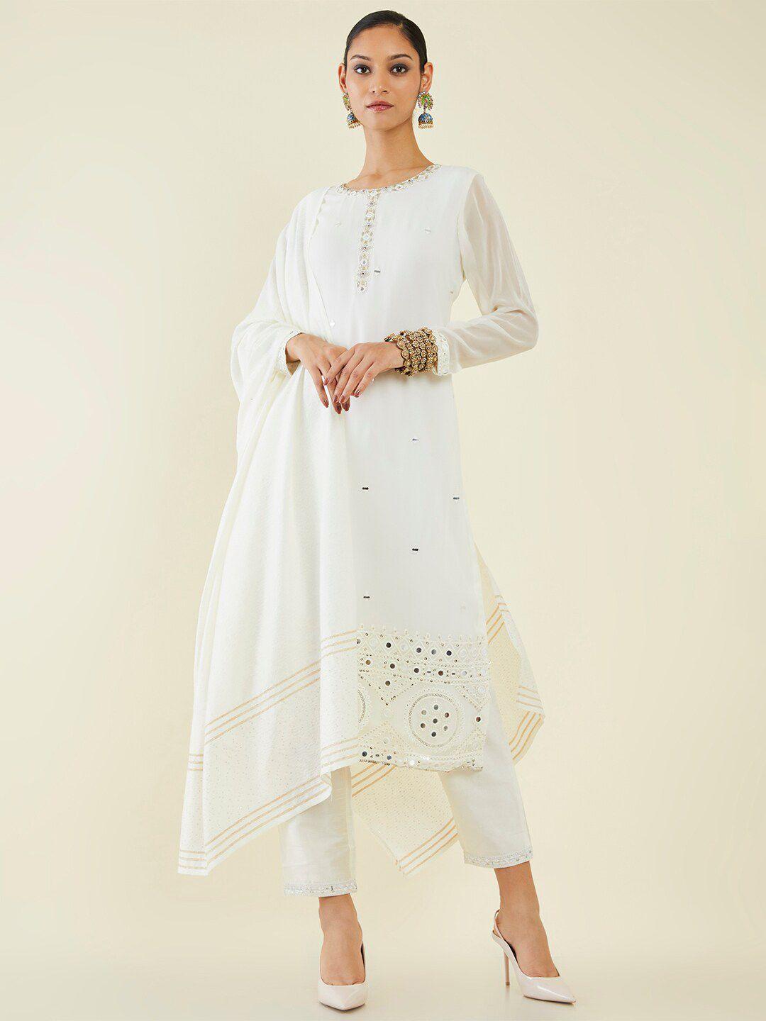 soch ethnic motifs embroidered mirror work kurta with trousers & dupatta