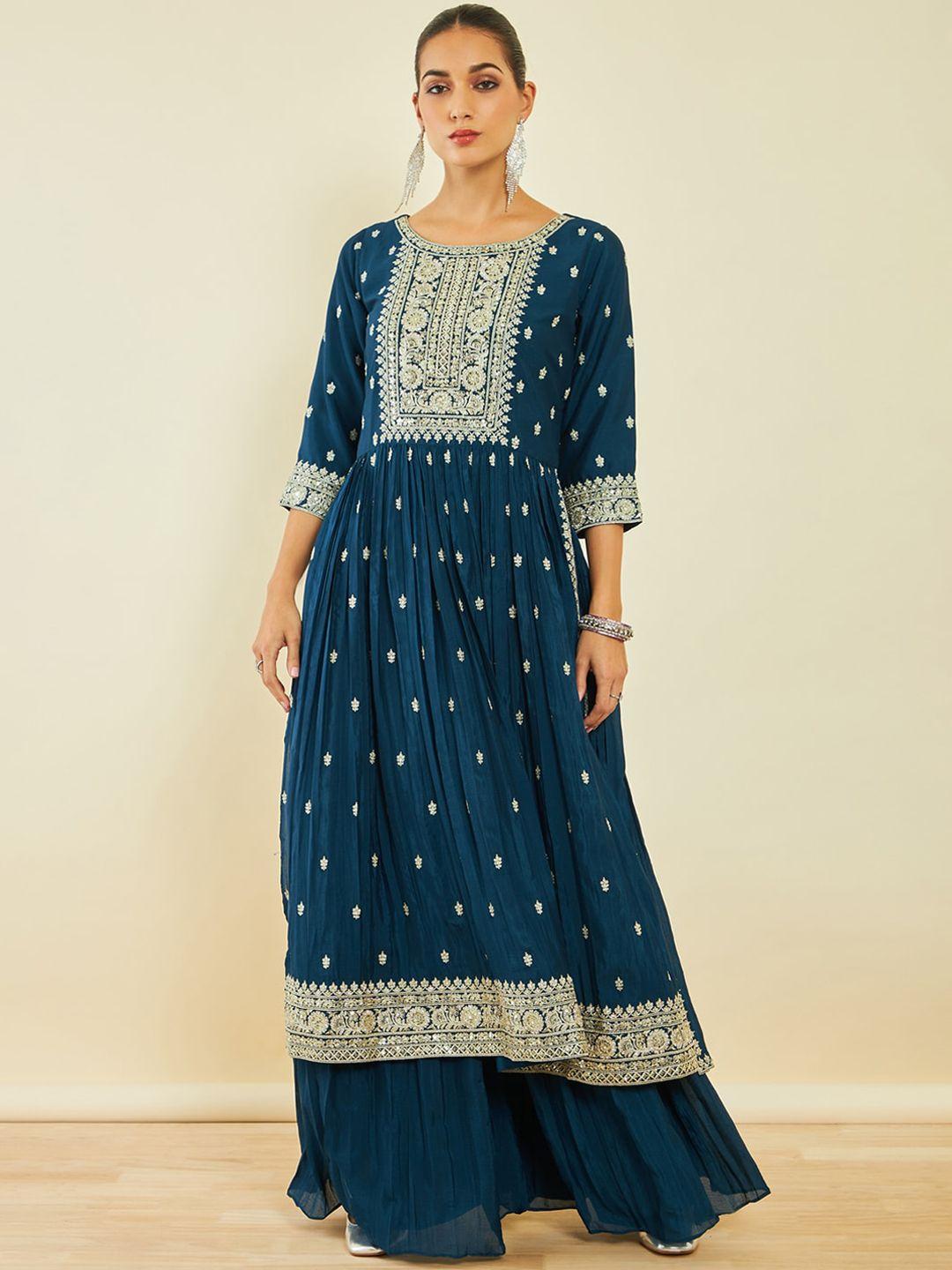 soch ethnic motifs embroidered pleated georgette kurta with palazzos & dupatta