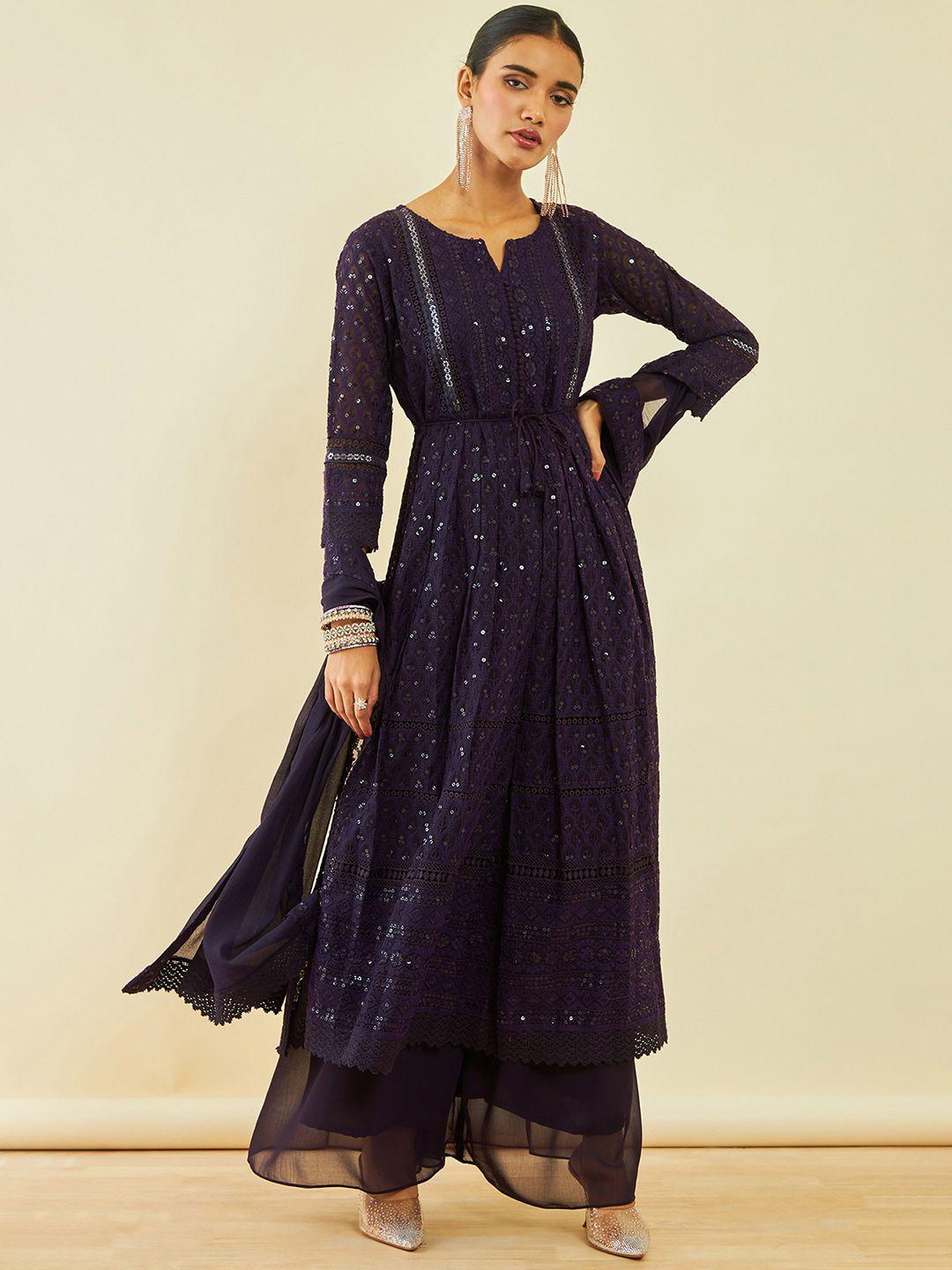 soch ethnic motifs embroidered pleated sequinned a-line kurta with palazzos & dupatta