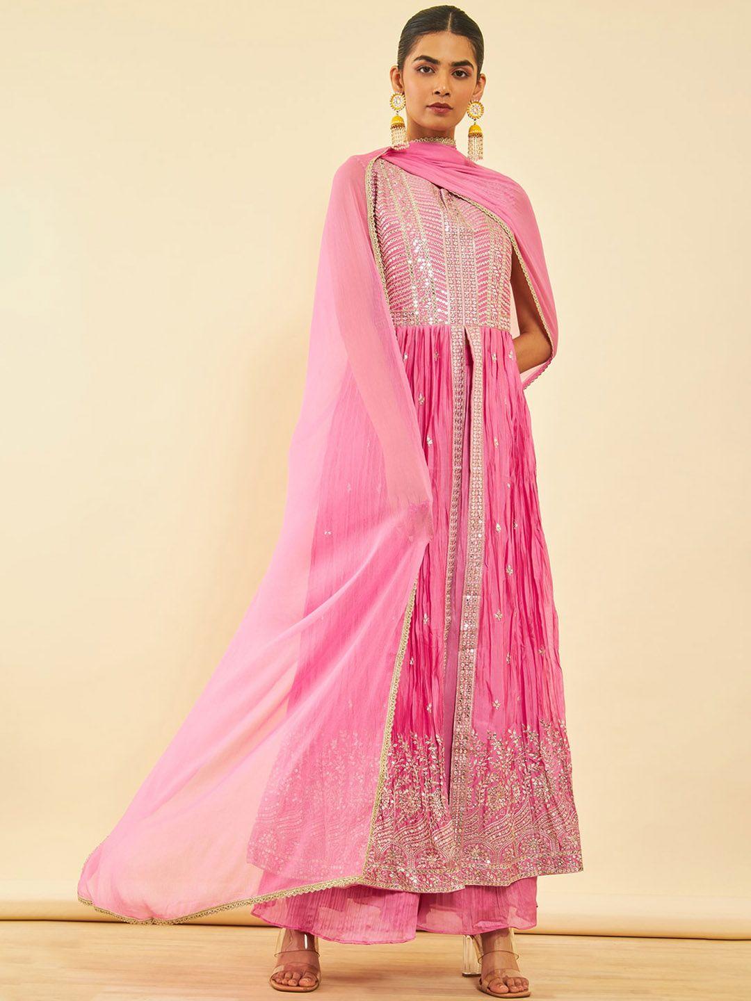 soch ethnic motifs embroidered pleated sequinned a-line kurta with palazzos & dupatta