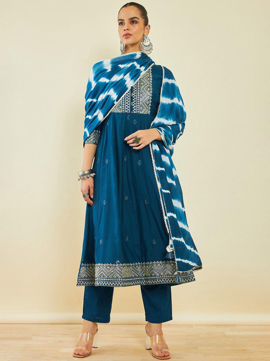 soch ethnic motifs embroidered pleated sequinned kurta with trousers & dupatta