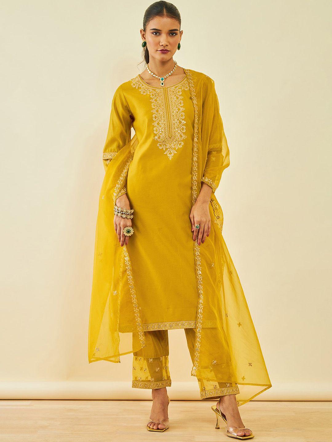 soch ethnic motifs embroidered regular sequinned straight kurta with trousers & dupatta