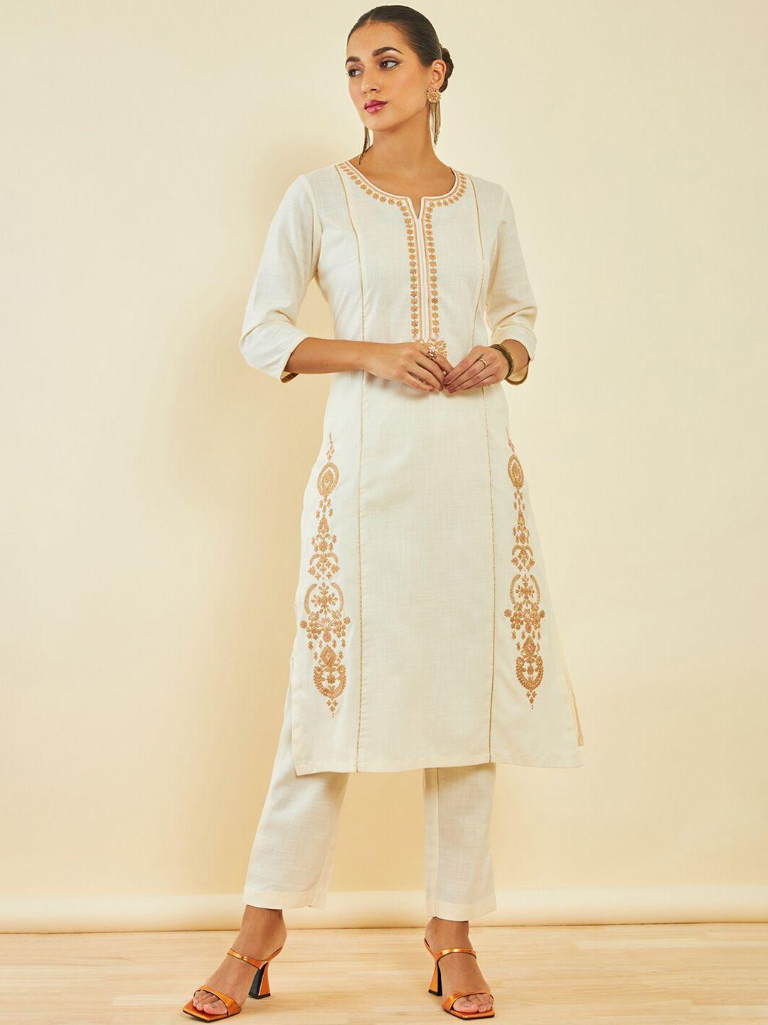 soch ethnic motifs embroidered regular three-quarter sleeves kurta set