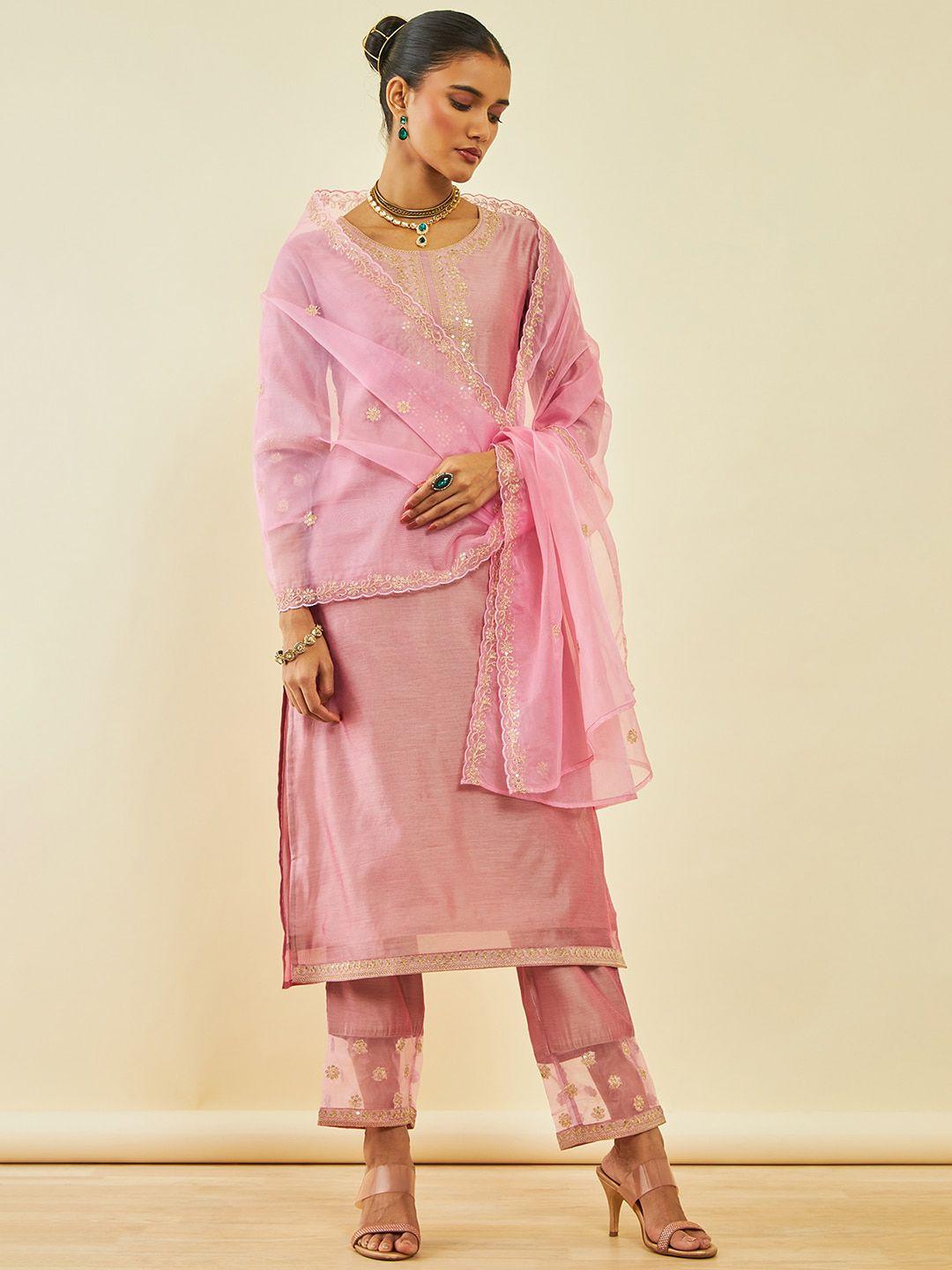 soch ethnic motifs embroidered round neck straight kurta with trousers & dupatta