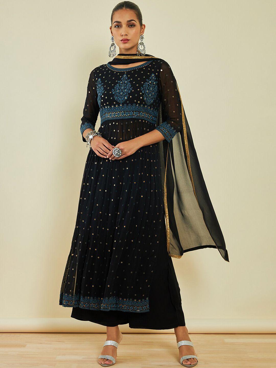 soch ethnic motifs embroidered sequinned a-line kurta with trousers & with dupatta