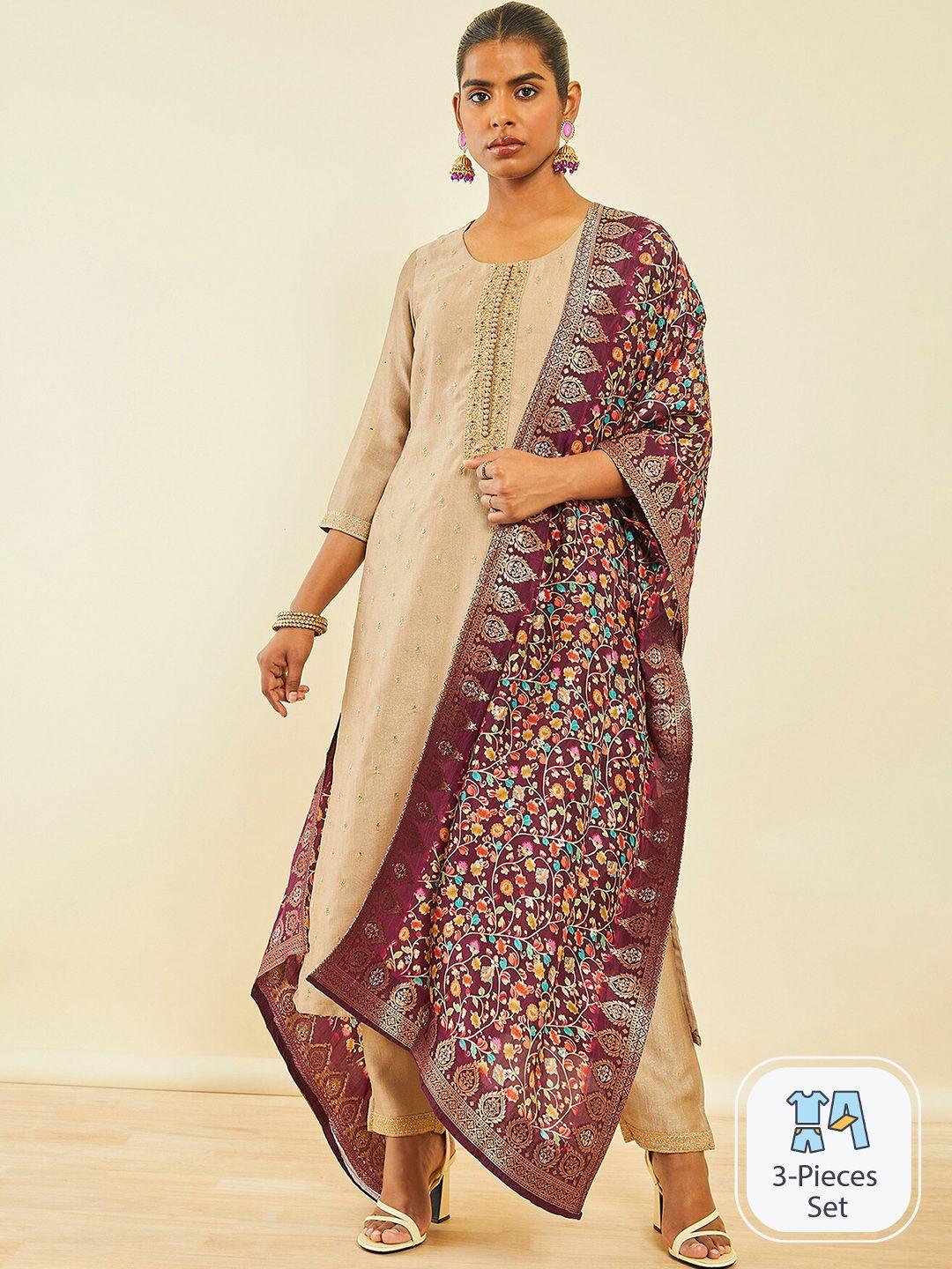 soch ethnic motifs embroidered sequinned detail straight kurta & trousers with dupatta