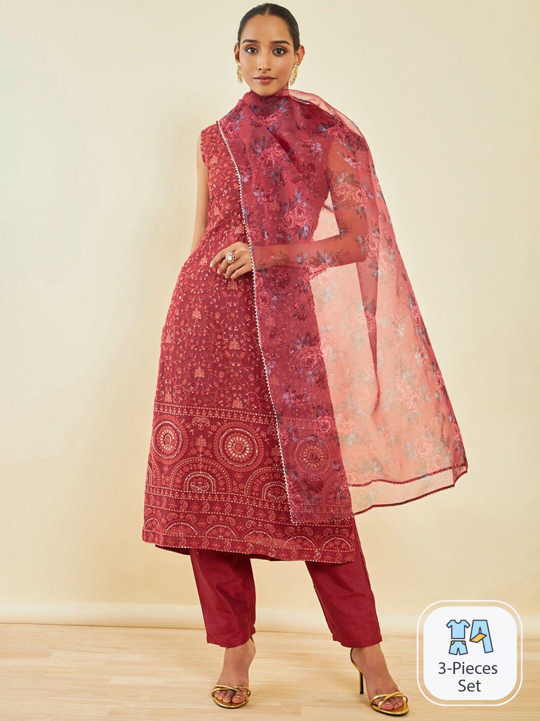 soch ethnic motifs embroidered sequinned georgette kurta with trousers & dupatta