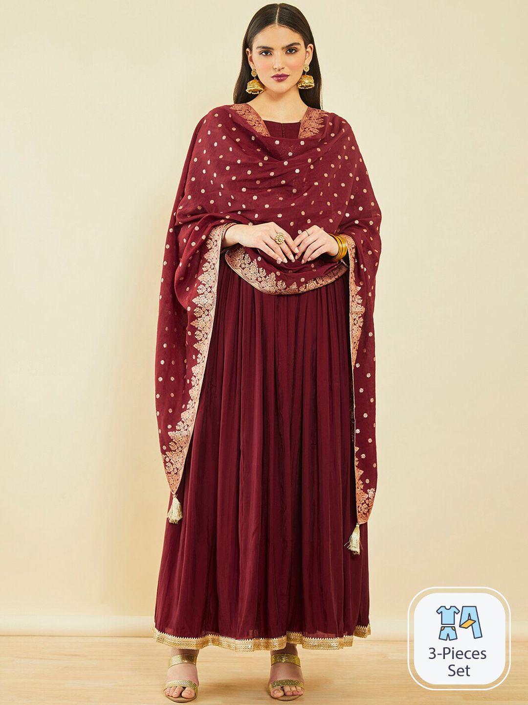 soch ethnic motifs embroidered sequinned kurta with churidar & dupatta