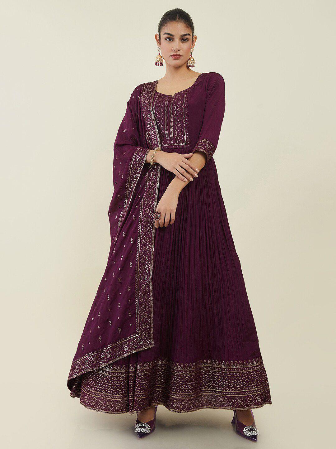 soch ethnic motifs embroidered sequinned pure cotton kurta with churidar & dupatta