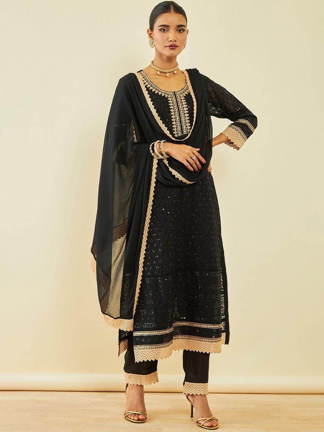 soch ethnic motifs embroidered sequinned straight kurta with trousers & dupatta