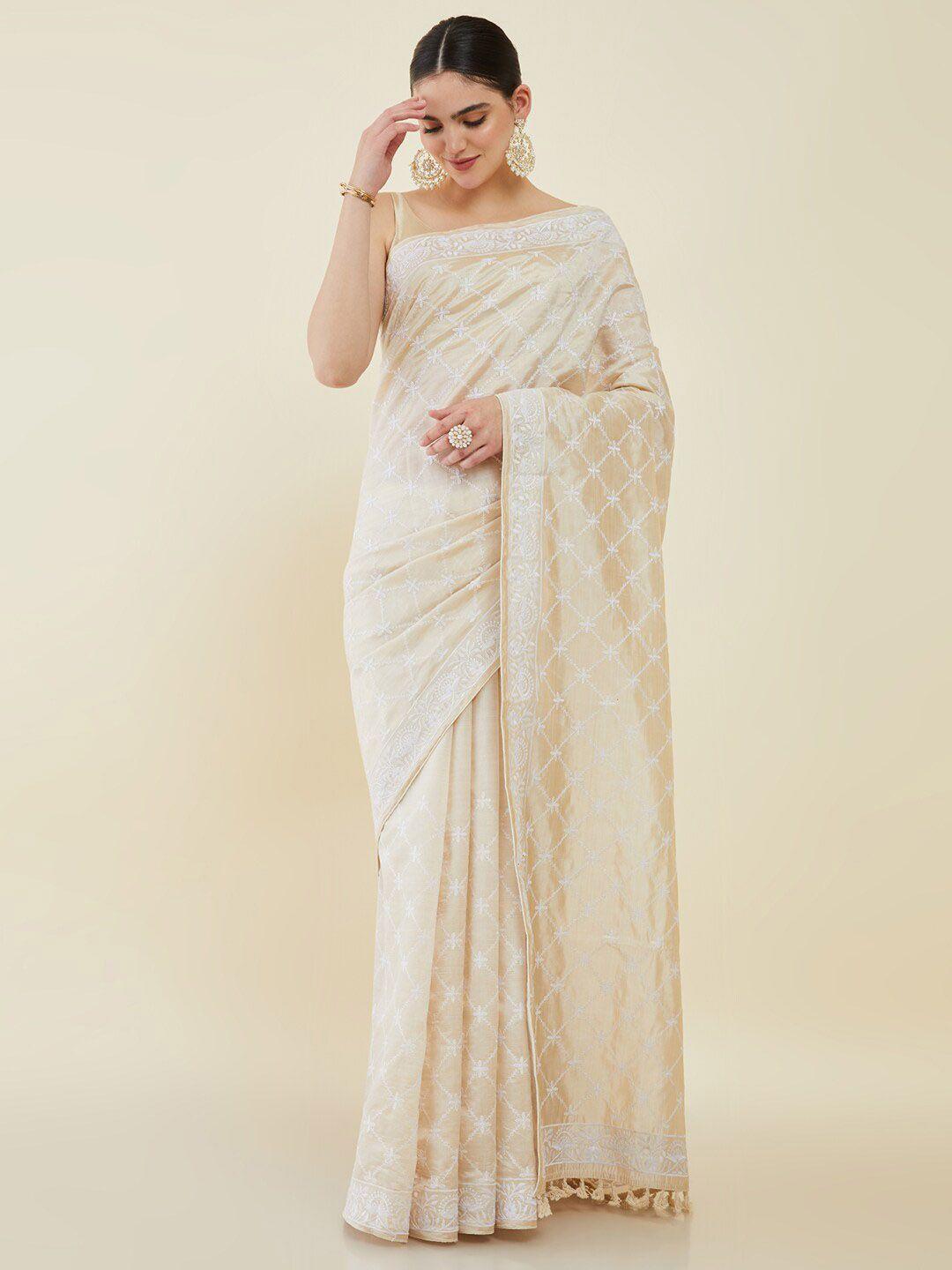 soch ethnic motifs embroidered silk blend tussar saree
