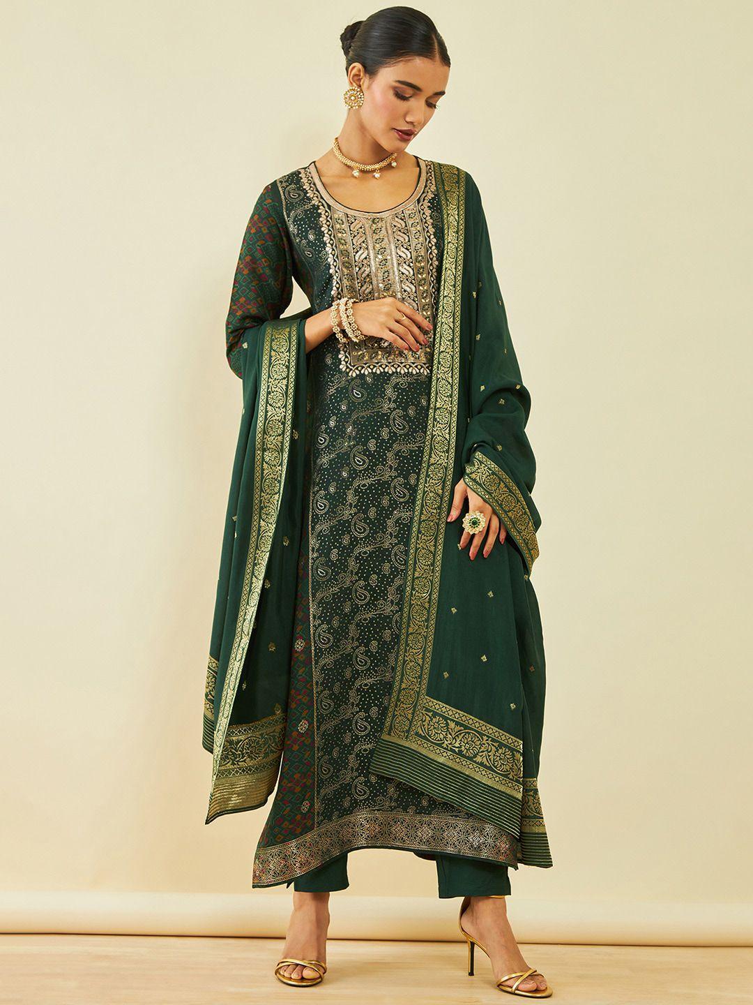 soch ethnic motifs embroidered straight mirror work kurta with trousers & dupatta