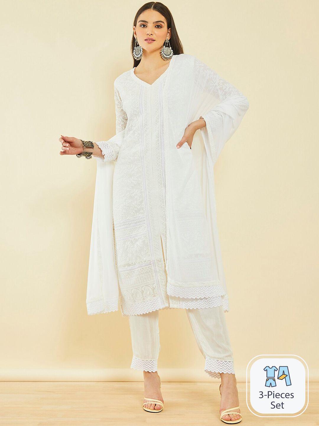 soch ethnic motifs embroidered thread work kurta & trousers with dupatta