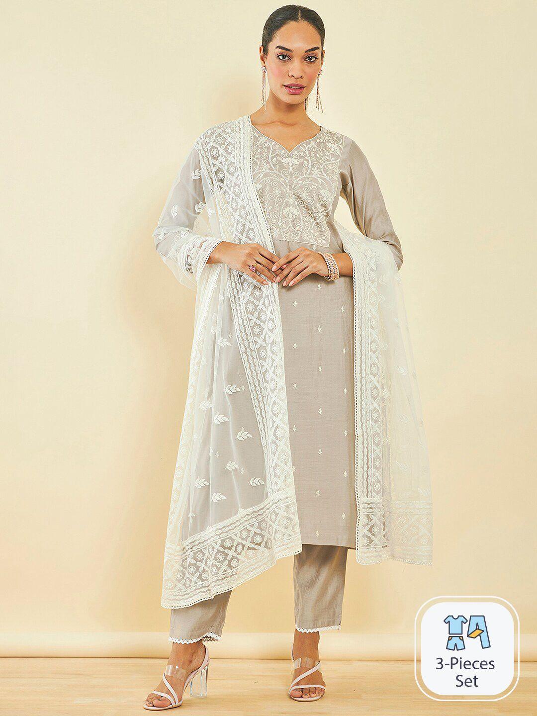 soch ethnic motifs embroidered v-neck kurta with trousers & dupatta
