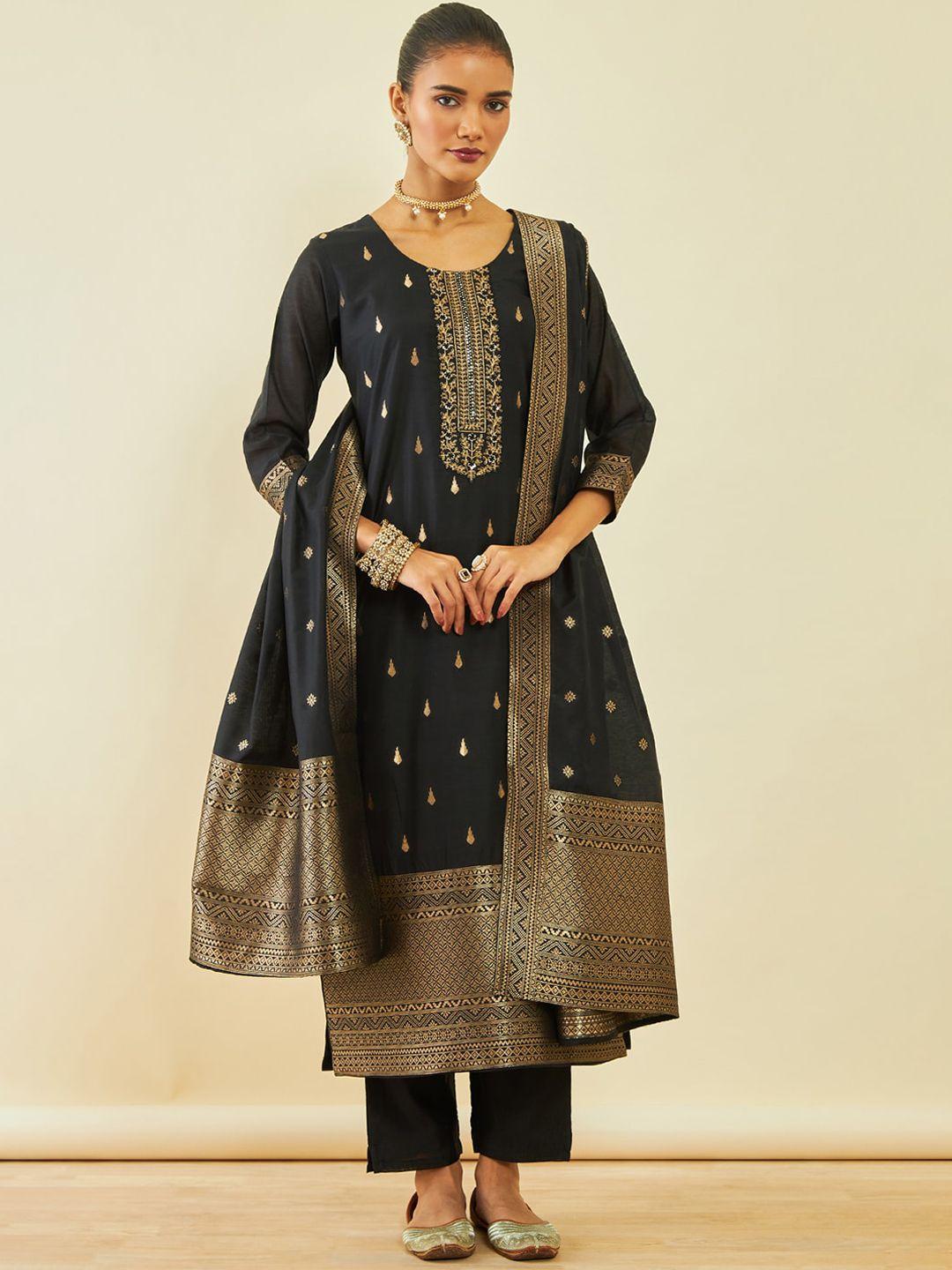 soch ethnic motifs kurta printed straight kurta & trousers with dupatta
