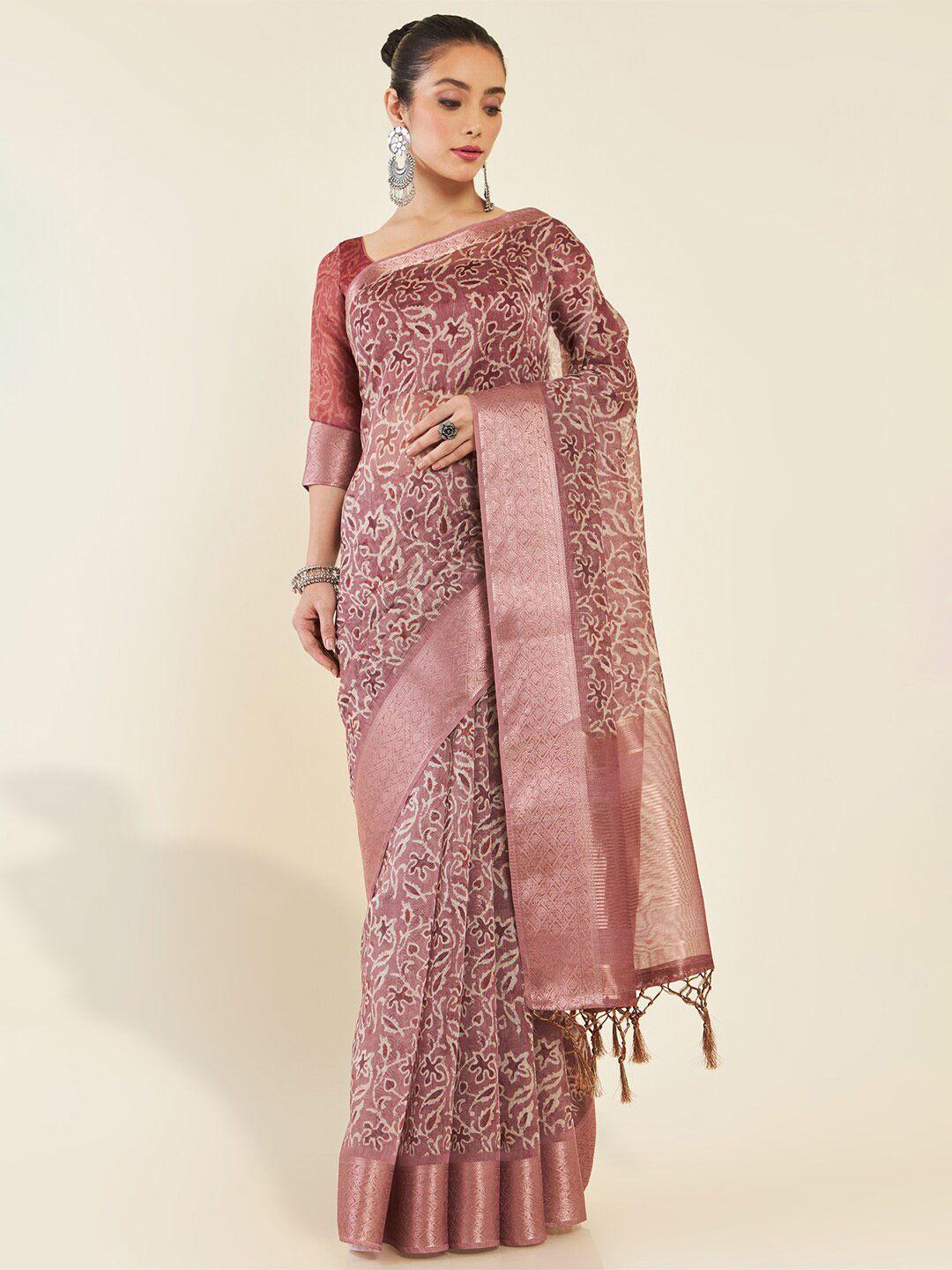 soch ethnic motifs printed art silk zari saree with tassel