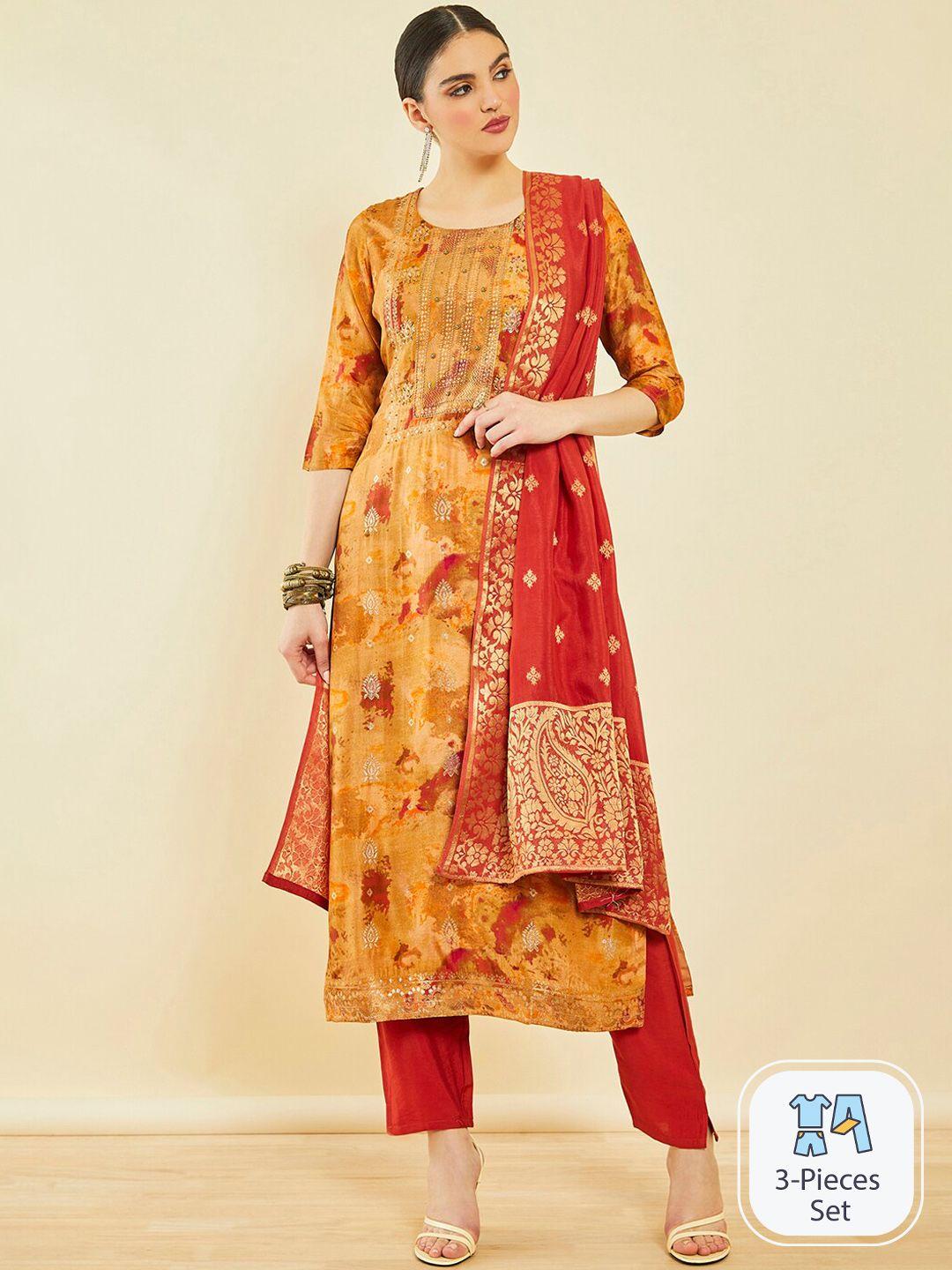 soch ethnic motifs printed beads & stones detailed straight kurta & trousers with dupatta