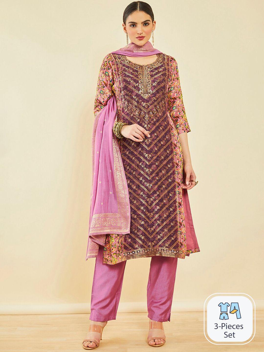 soch ethnic motifs printed beads and stones kurta & trousers with dupatta