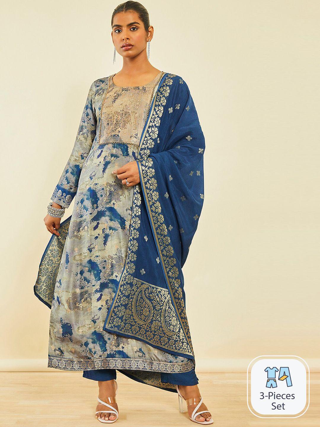 soch ethnic motifs printed beads and stones kurta with trousers & dupatta