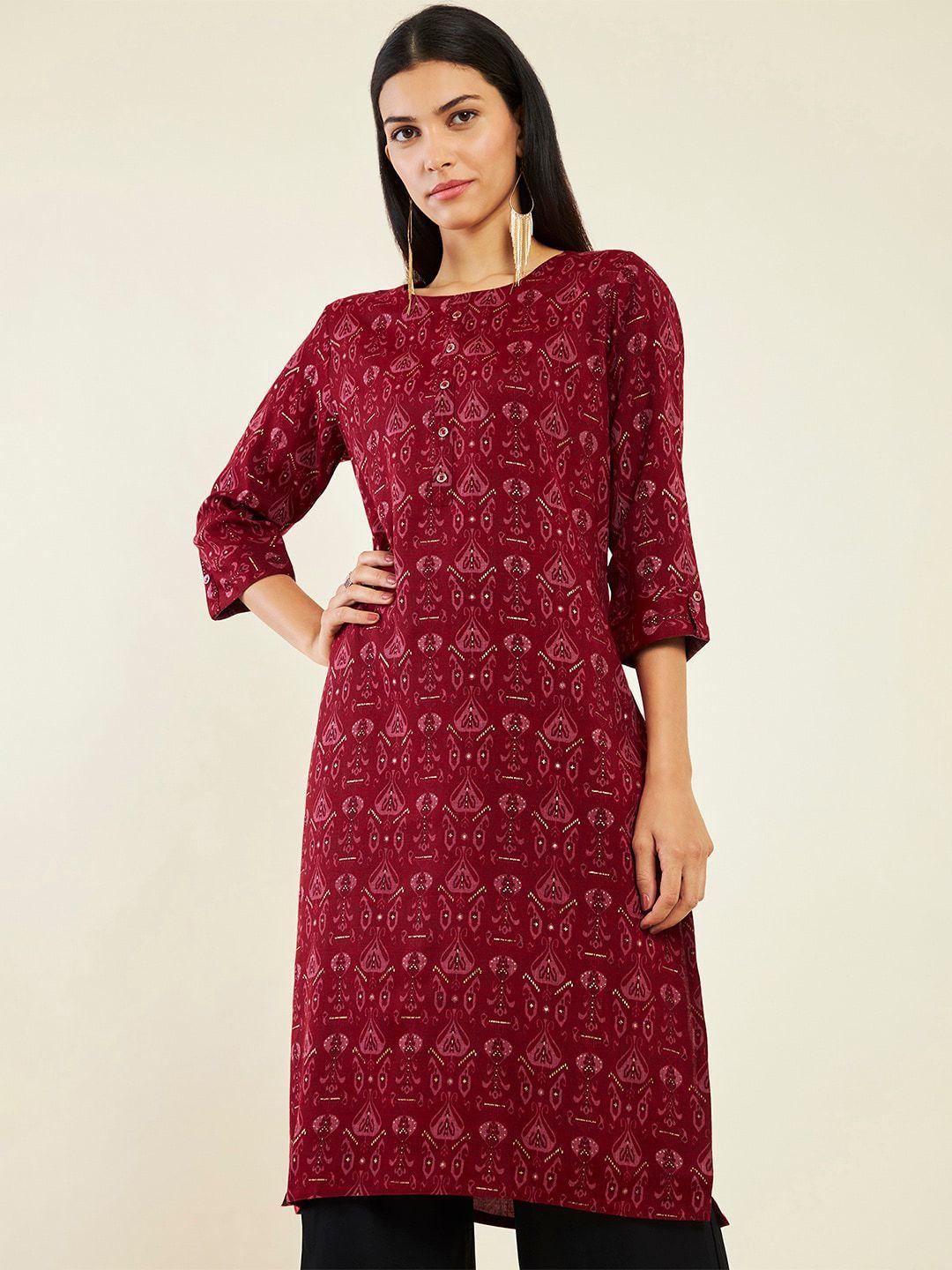 soch ethnic motifs printed boat neck a-line kurta