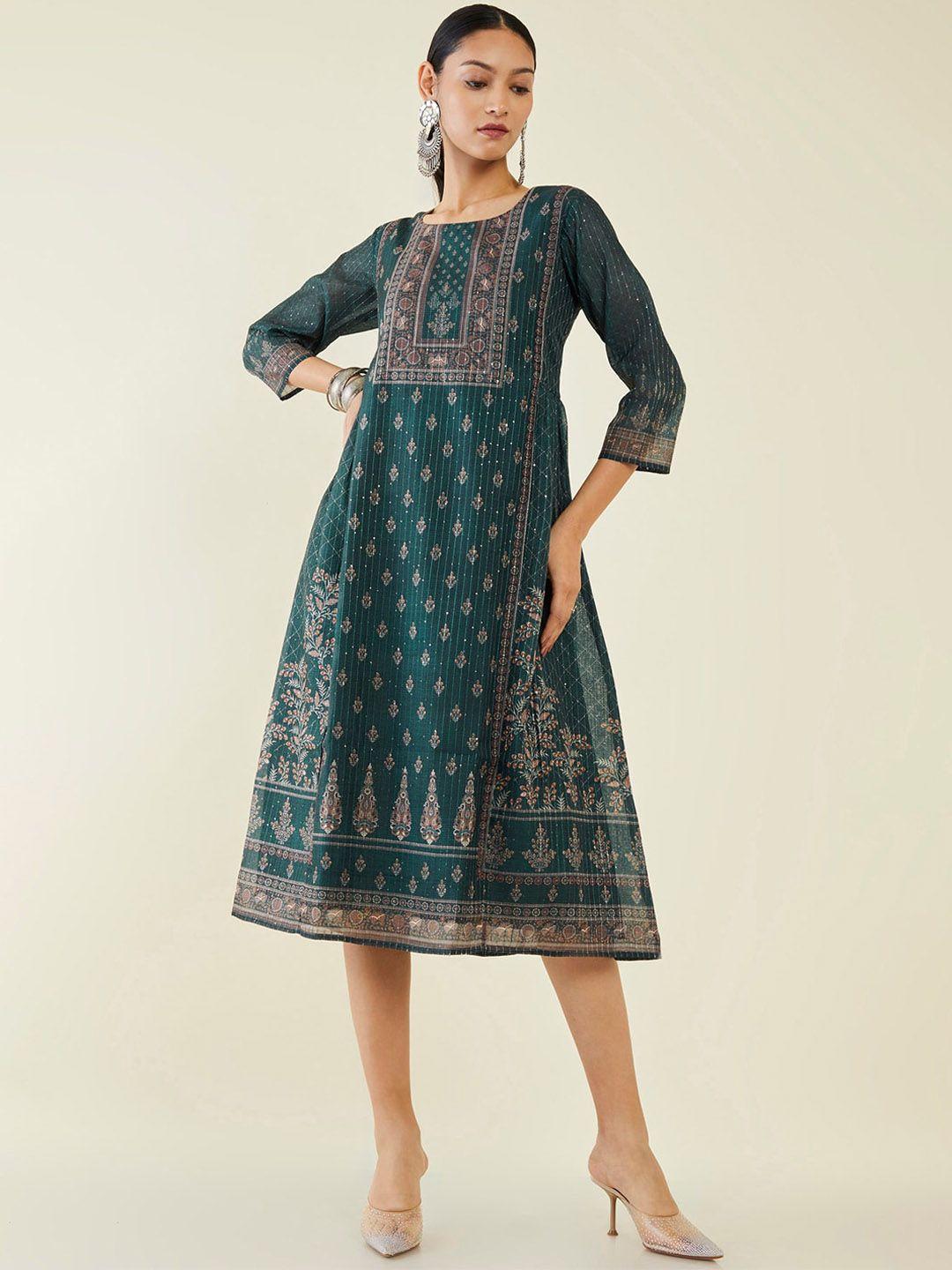 soch ethnic motifs printed chanderi silk a-line dress