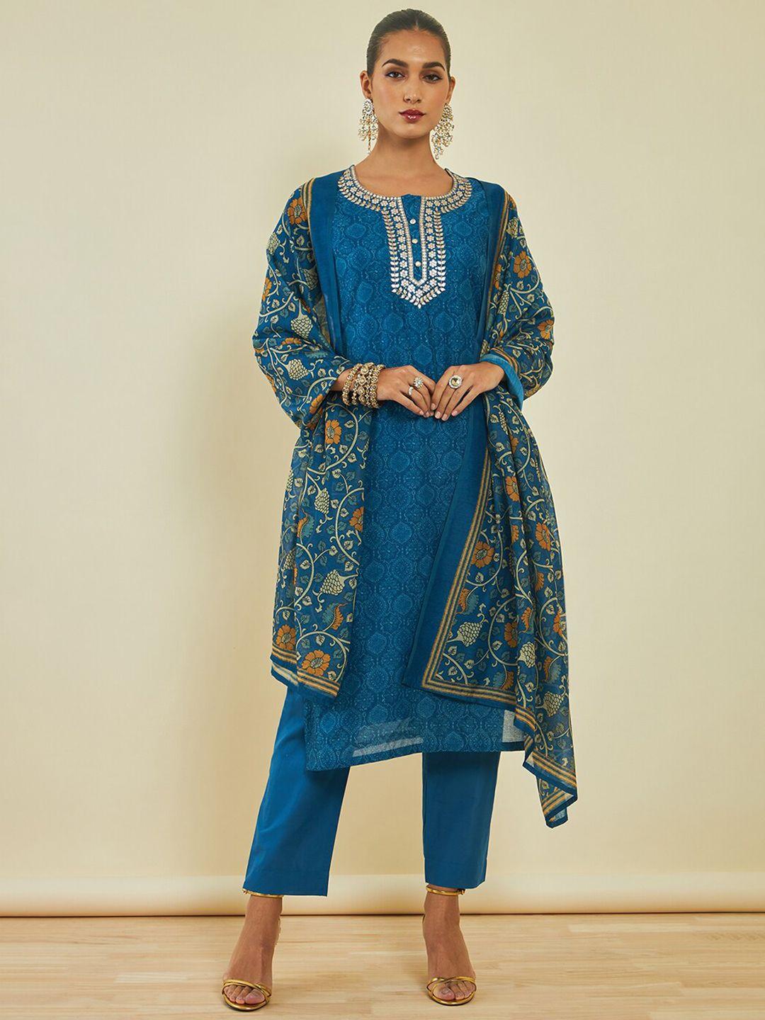 soch ethnic motifs printed gotta patti chanderi silk kurta with trousers & with dupatta