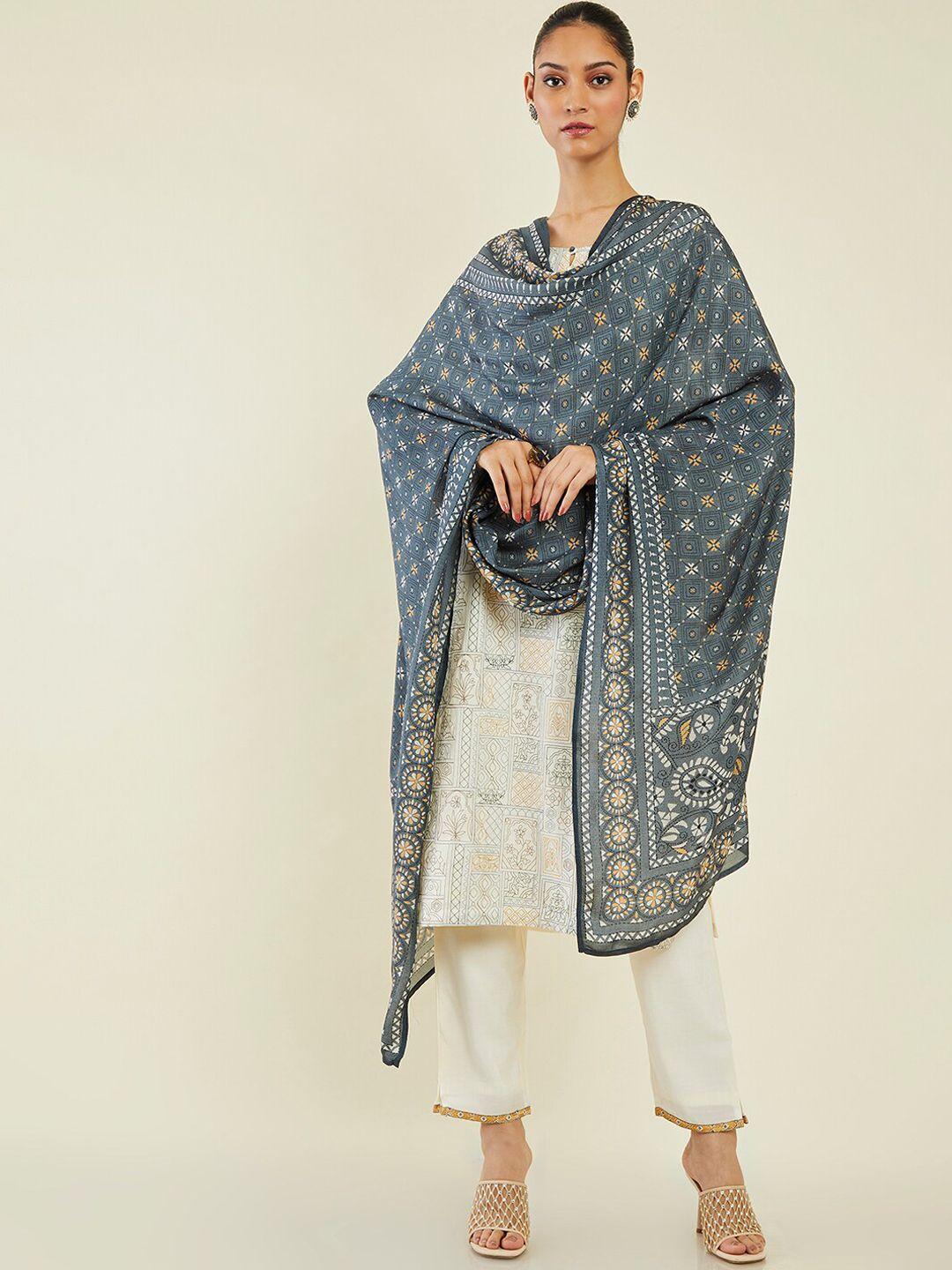 soch ethnic motifs printed key hole neck kurta with trousers & dupatta