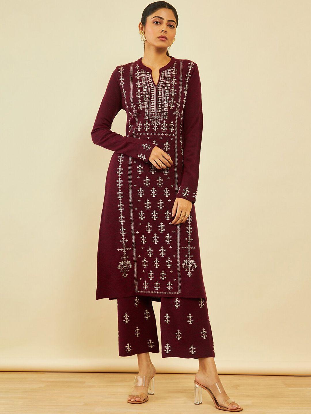 soch ethnic motifs printed mandarin collar straight acrylic kurta with palazzos