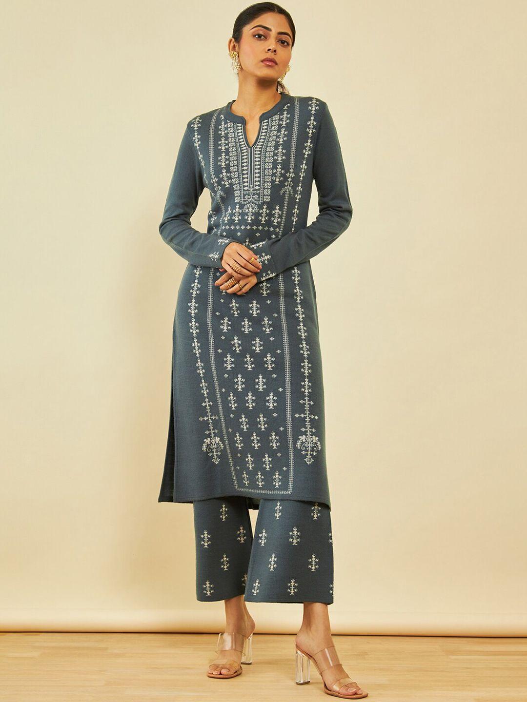 soch ethnic motifs printed mandarin collar straight acrylic kurta with trousers