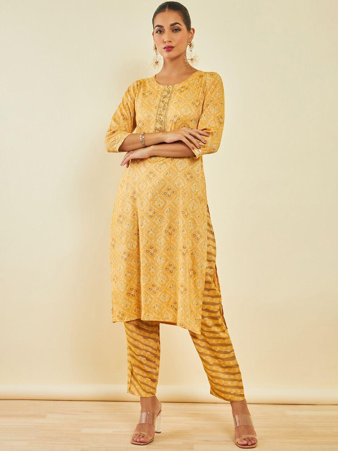 soch ethnic motifs printed regular three-quarter sleeves gotta patti kurta sets