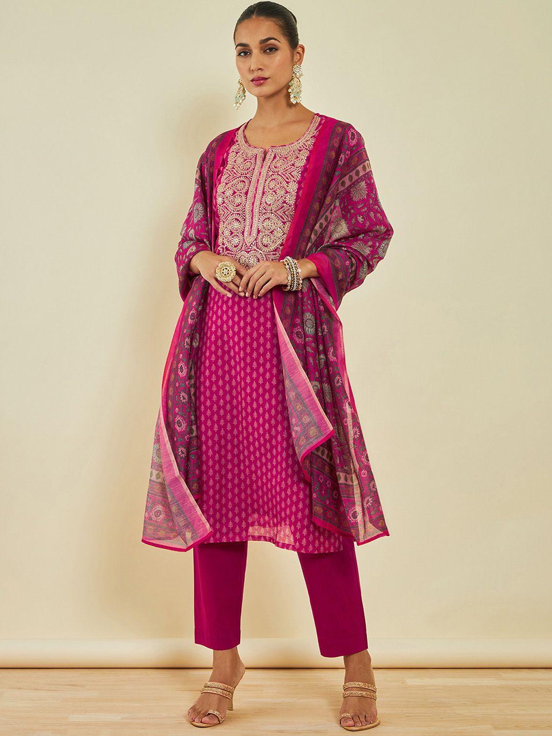 soch ethnic motifs printed sequinned chanderi silk kurta with trousers & with dupatta