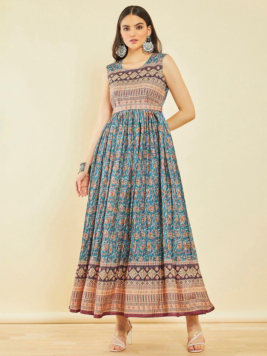 soch ethnic motifs printed sleeveless fit and flare maxi dress