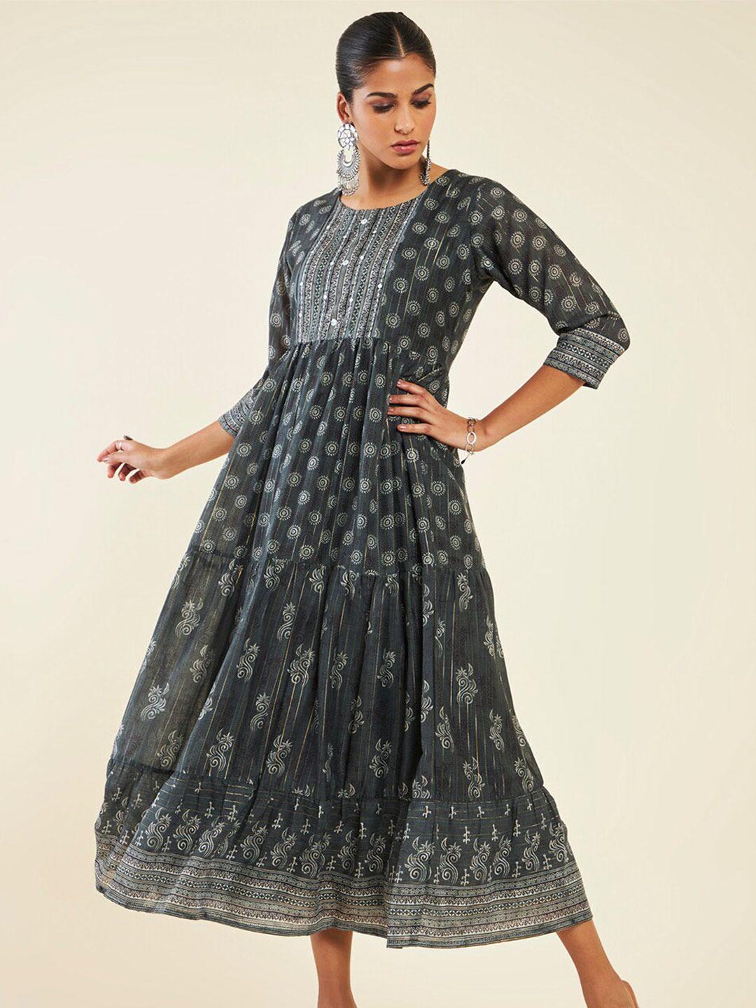 soch ethnic motifs printed tiered cotton fit & flare midi dress