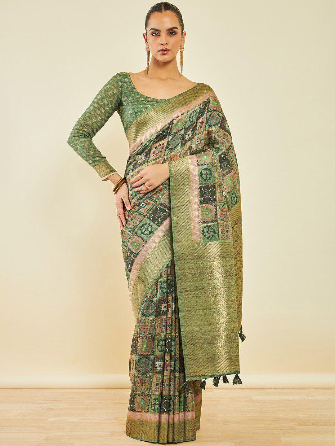 soch ethnic motifs printed zari detailed tussar saree