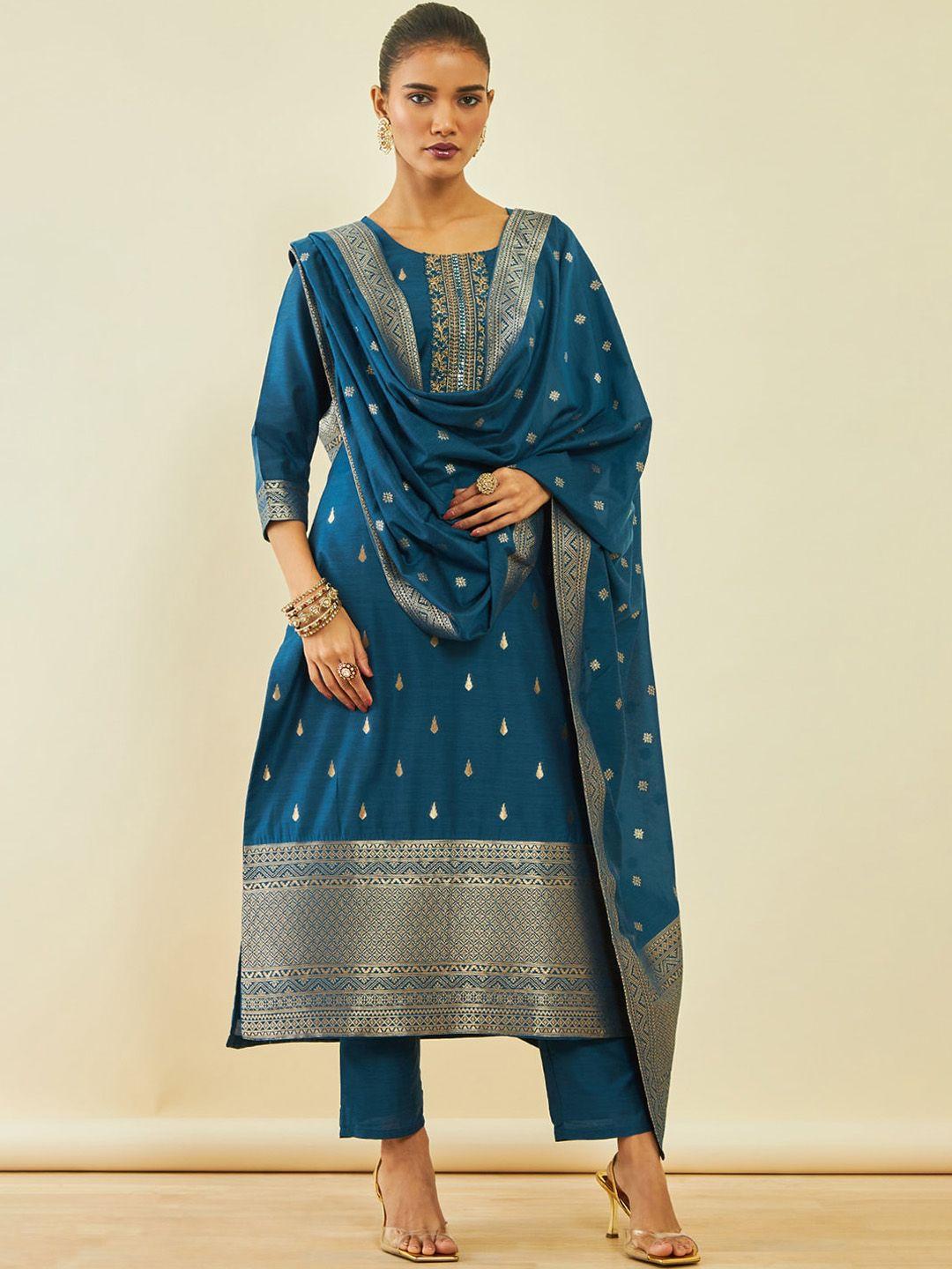 soch ethnic motifs straight woven design kurta with trousers & dupatta