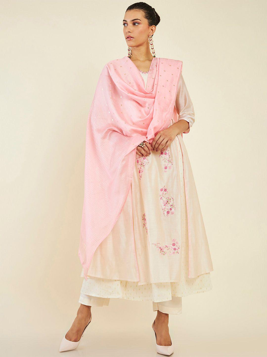 soch floral embroidered a-line layered pure cotton kurta with trousers & dupatta