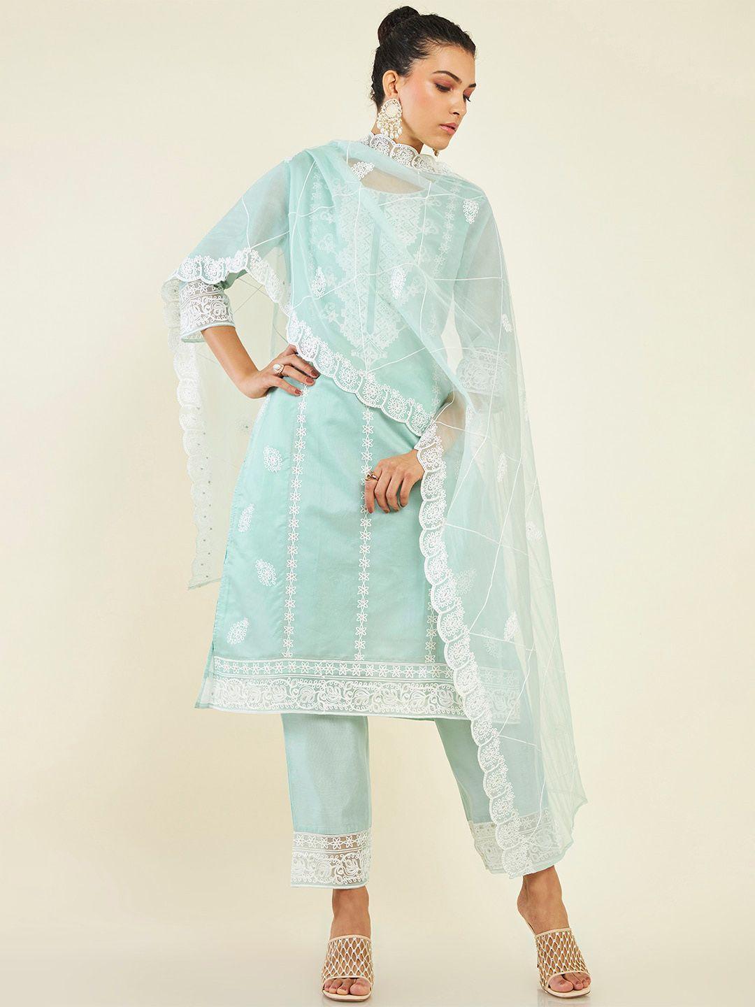 soch floral embroidered chanderi cotton kurta with trousers & dupatta