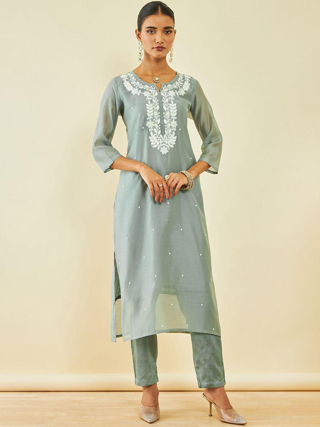 soch floral embroidered chanderi silk straight kurta & trousers with dupatta